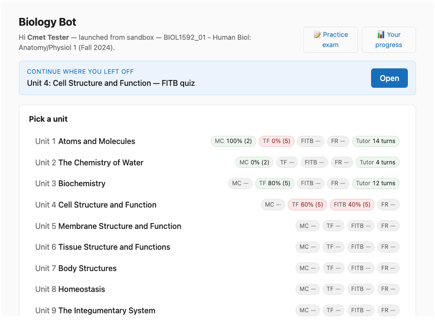 The Biology Bot launch page showing 17 units with per-kind progress badges and a 'continue where you left off' card