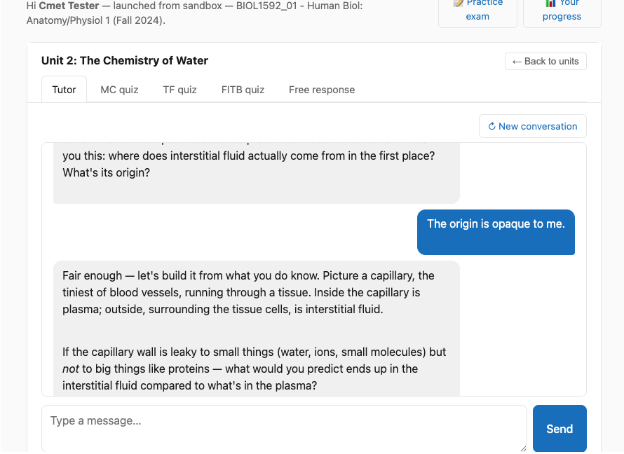 The Tutor tab mid-conversation. Student asked about interstitial fluid; tutor responds by building intuition from a concrete capillary scenario.