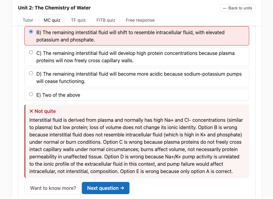 An MC question after submitting an incorrect answer. The chosen option is marked red, the correct answer is green, and a detailed explanation covers why each distractor is wrong.